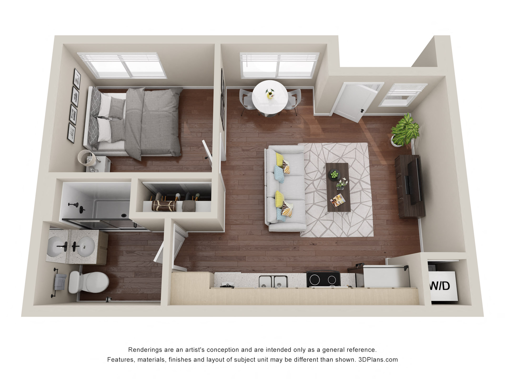 Floor plan for 1 bed, 1 bath, 460 sqft